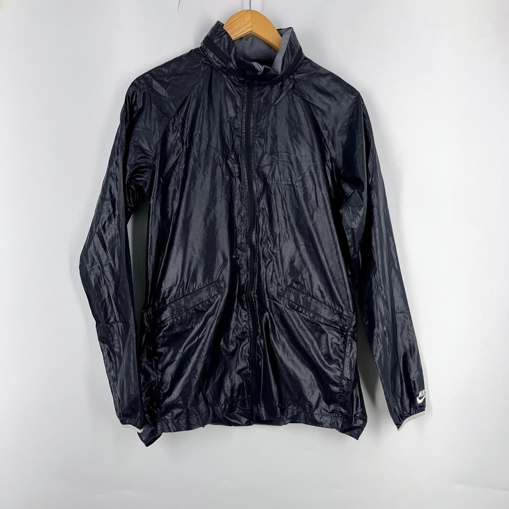 Nike Womens Black Full Zip Windbreaker Jacket Packable Hood Metallic Finish S‎